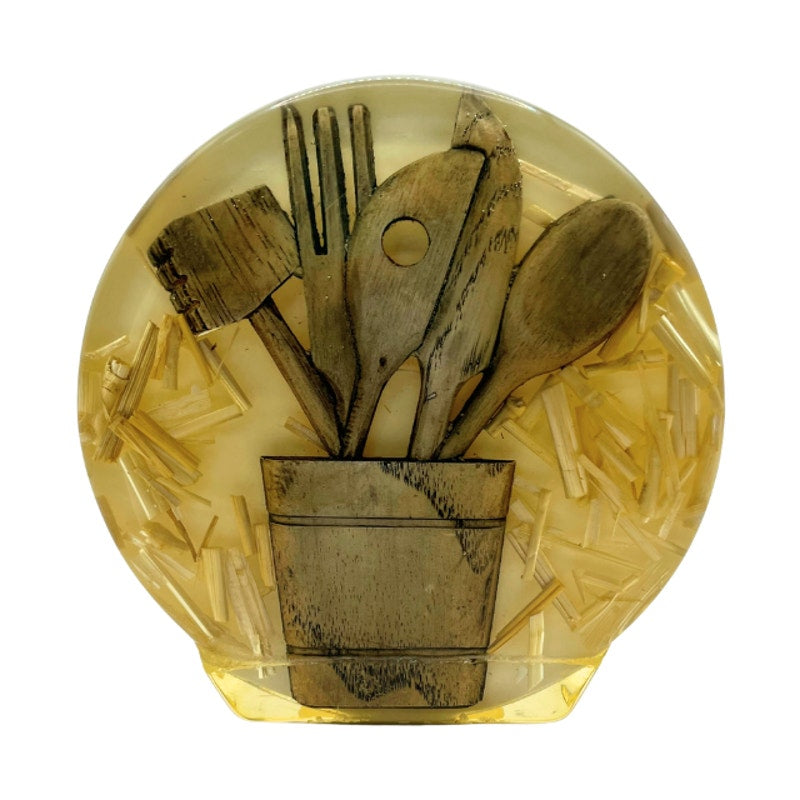 Vintage 1970s Lucite Resin Encased Kitchen Utensils Napkin Holder Retro Straw