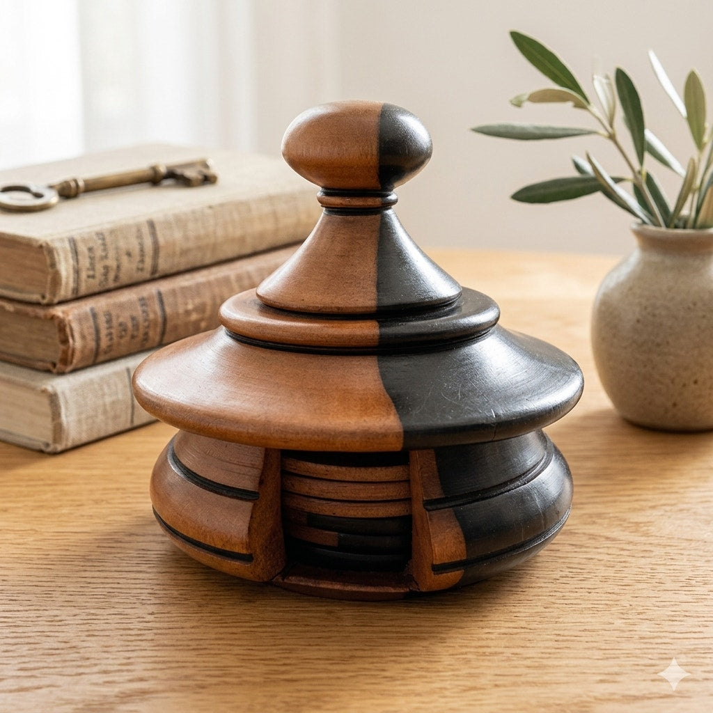 Novica Ebony African Wood Disk Coasters Set of 6 w/ Hut Lidded Caddy Warm Tones