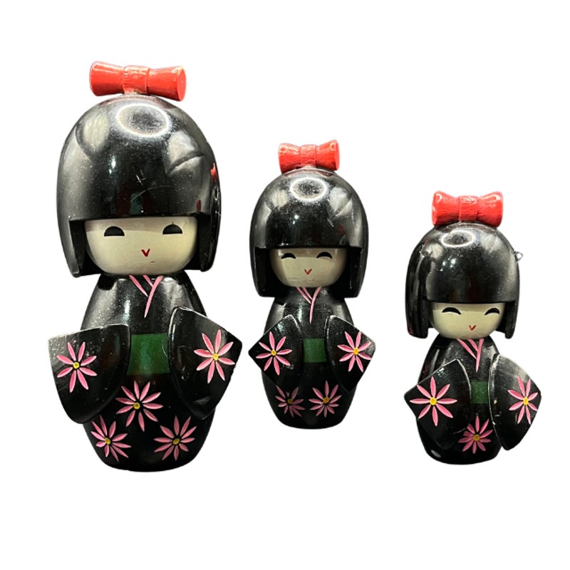 Vintage Japanese Kokeshi Dolls Set Hand Painted Black Kimonos Pink Floral