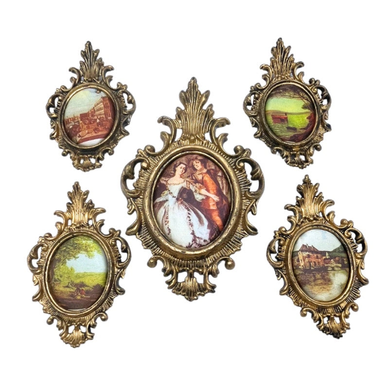Vintage Mini Ornate Brass Tone Wall Frames Padded Silk Art Made in Hong Kong