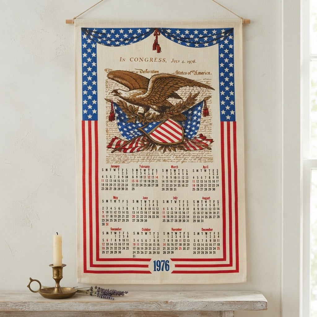 Vintage 1976 Bicentennial Linen Calendar Wall Hanging Tea Towel American Eagle