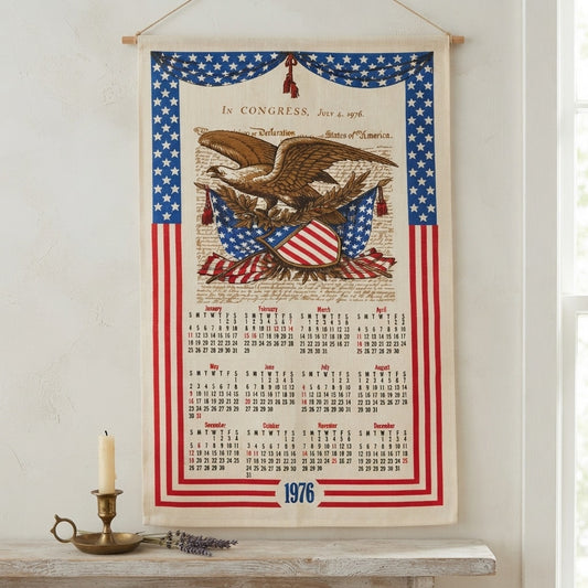 Vintage 1976 Bicentennial Linen Calendar Wall Hanging Tea Towel American Eagle