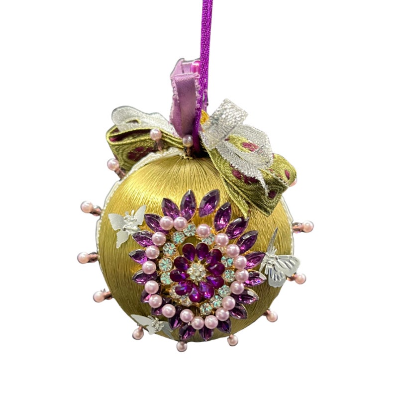 Vintage 1990s Handmade Jeweled Christmas Ornaments Set of 4 Satin Rhinestone