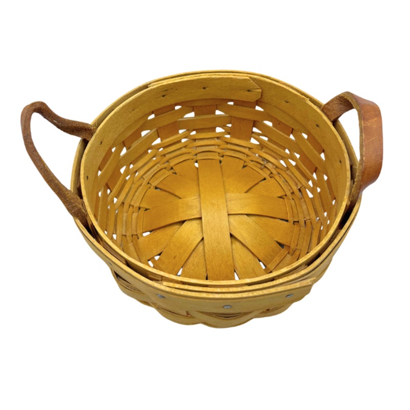 Vintage Longaberger Round Handwoven Wood Basket Leather Handles Fruit Liner