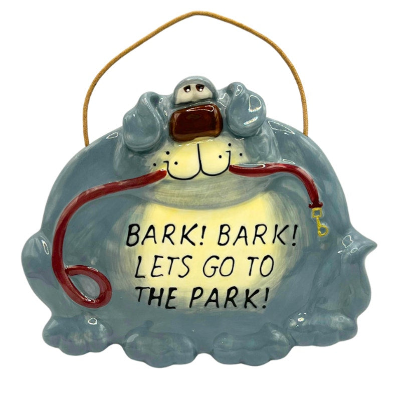 Vintage Russ Berrie BARK BARK LET'S GO TO THE PARK Gray Dog Ceramic Wall Plaque