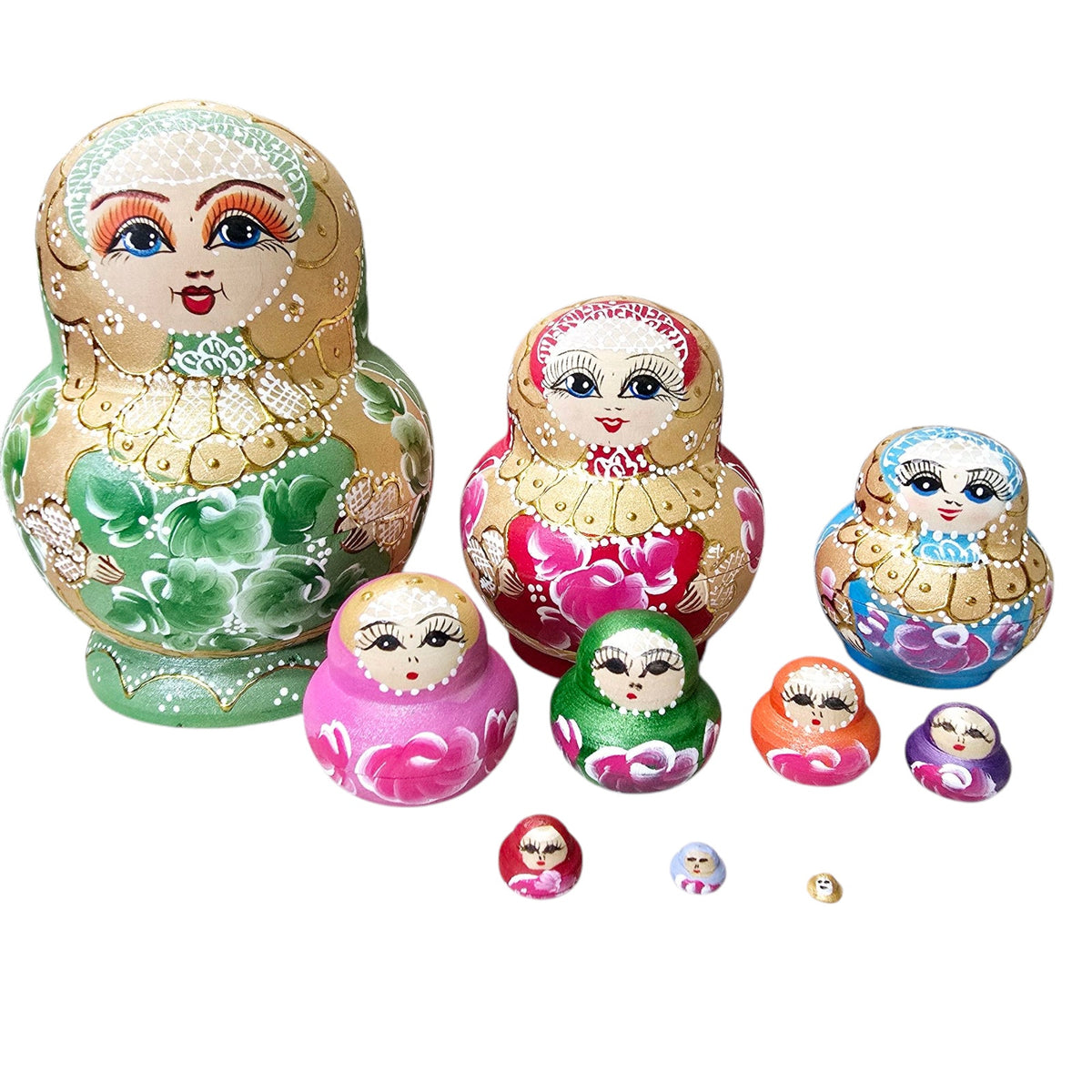 Vintage Russian Nesting Dolls 10 Piece Hand Painted Floral Matryoshka Wood