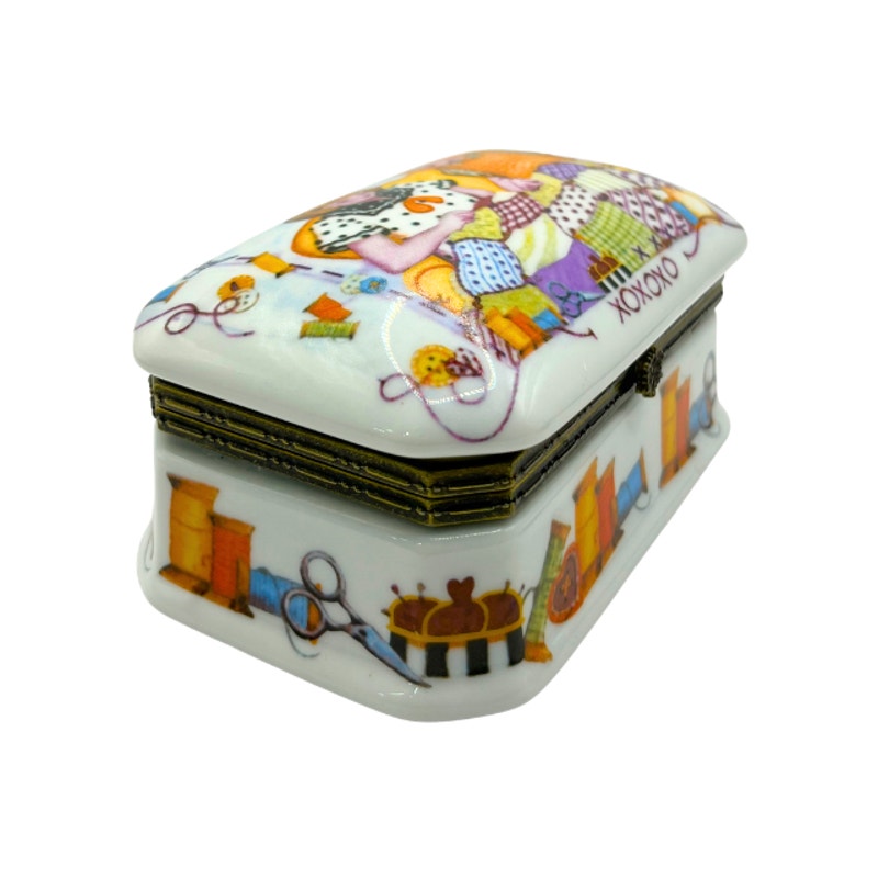 Vintage Imperial Porcelain Sewing Inspired Trinket Box Hinged