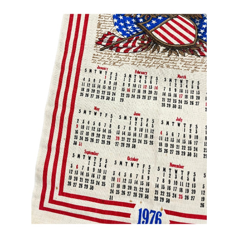 Vintage 1976 Bicentennial Linen Calendar Wall Hanging Tea Towel American Eagle