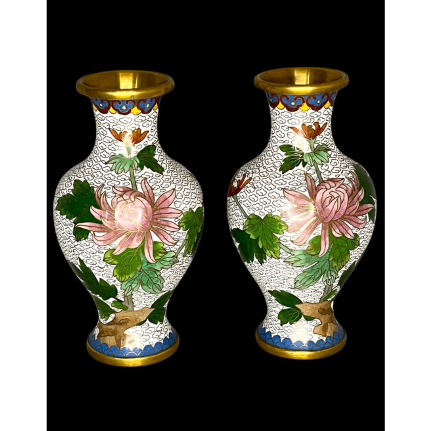 Pair Vintage White Cloisonne Vases Blue Pink Floral 6.5" Tall