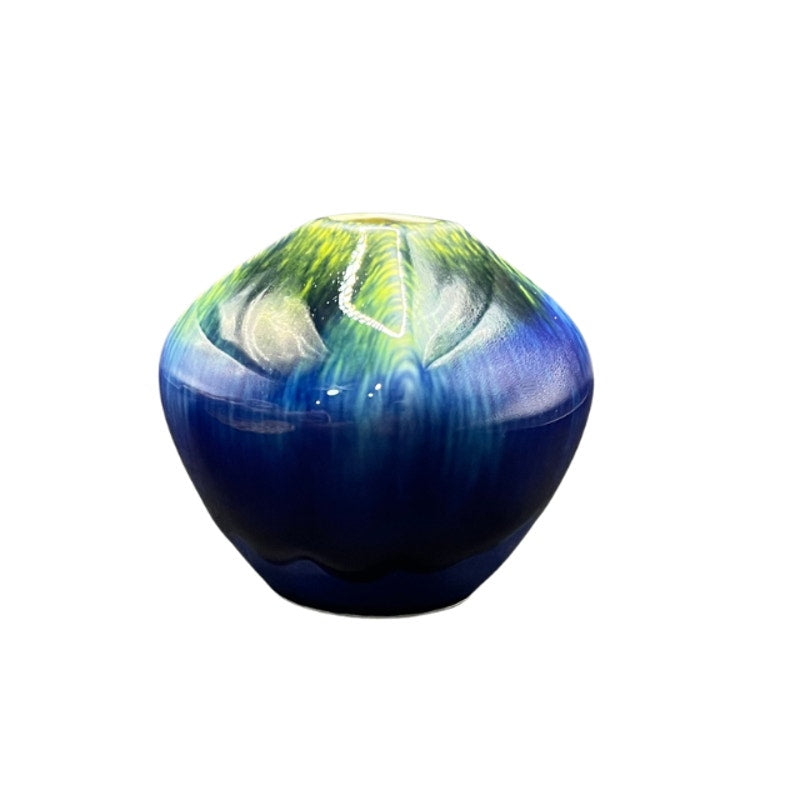 Miniature Japanese Ceramic Art Bud Vase Blue Green Drip Glaze