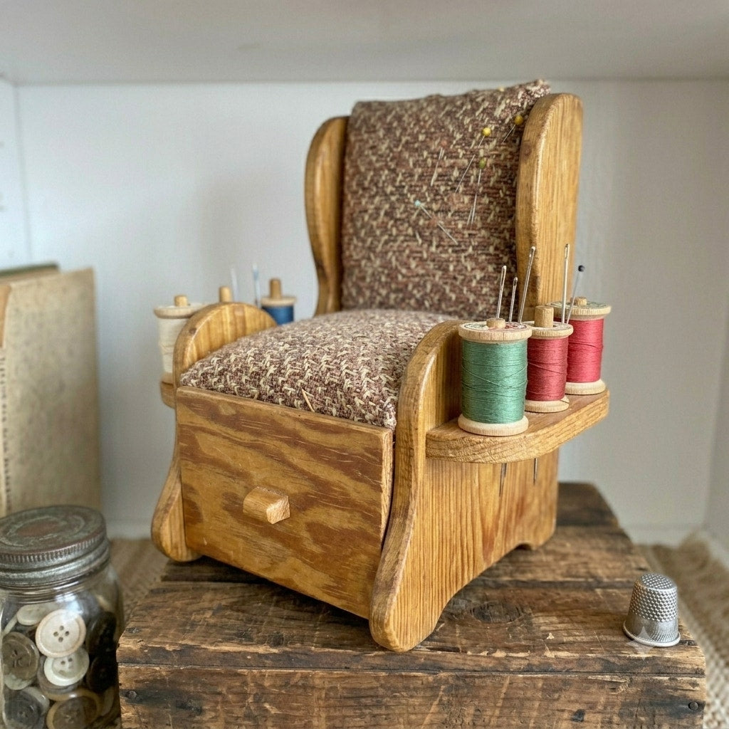 Vintage Miniature Wooden Sewing Rocking Chair Pincushion with Thread Holders
