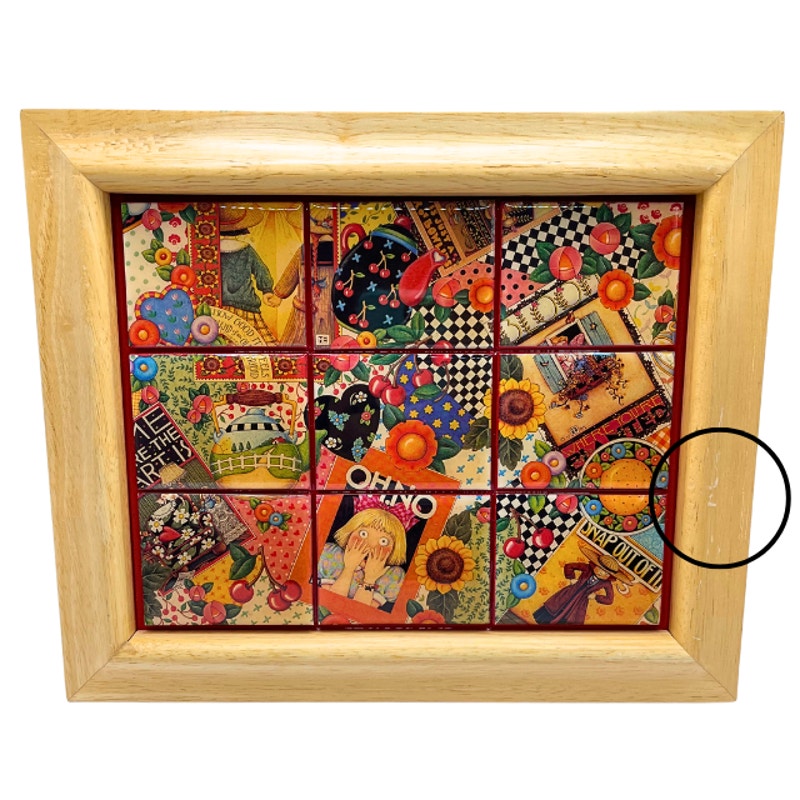Vintage Mary Engelbreit Framed Lacquered Tile Plaque Wall Art Patchwork 12x10