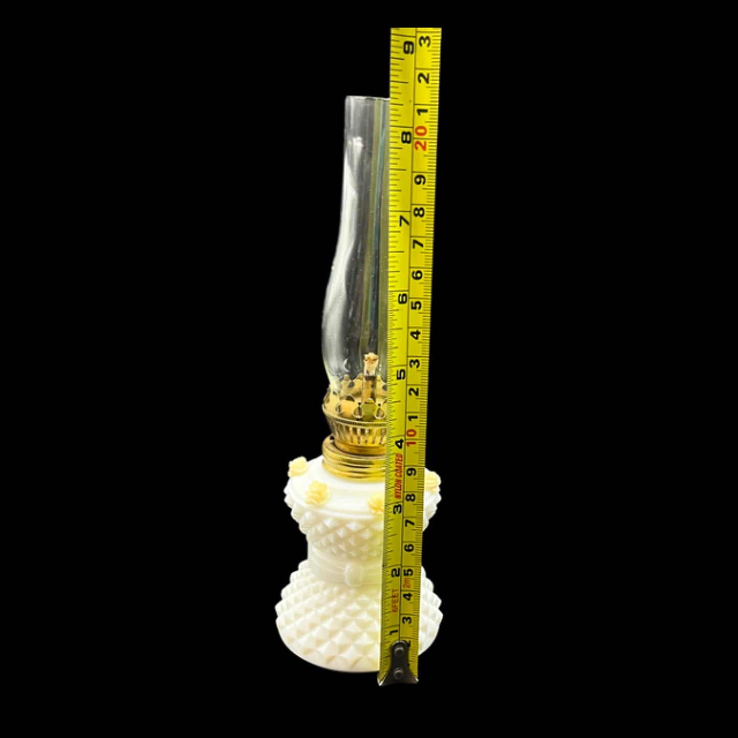 MCM Vintage Milk Glass Miniature Oil Lamp Diamond Point Rose Accent