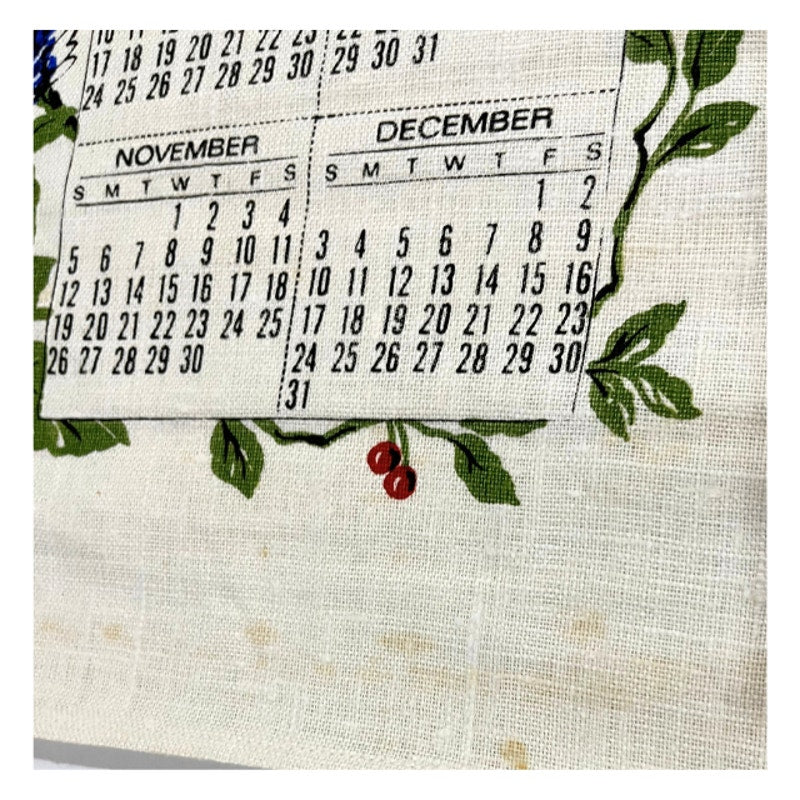 Vintage 1972 Songbirds Calendar Tea Towel Floral Bird Kitchen Wall Hanging Linen