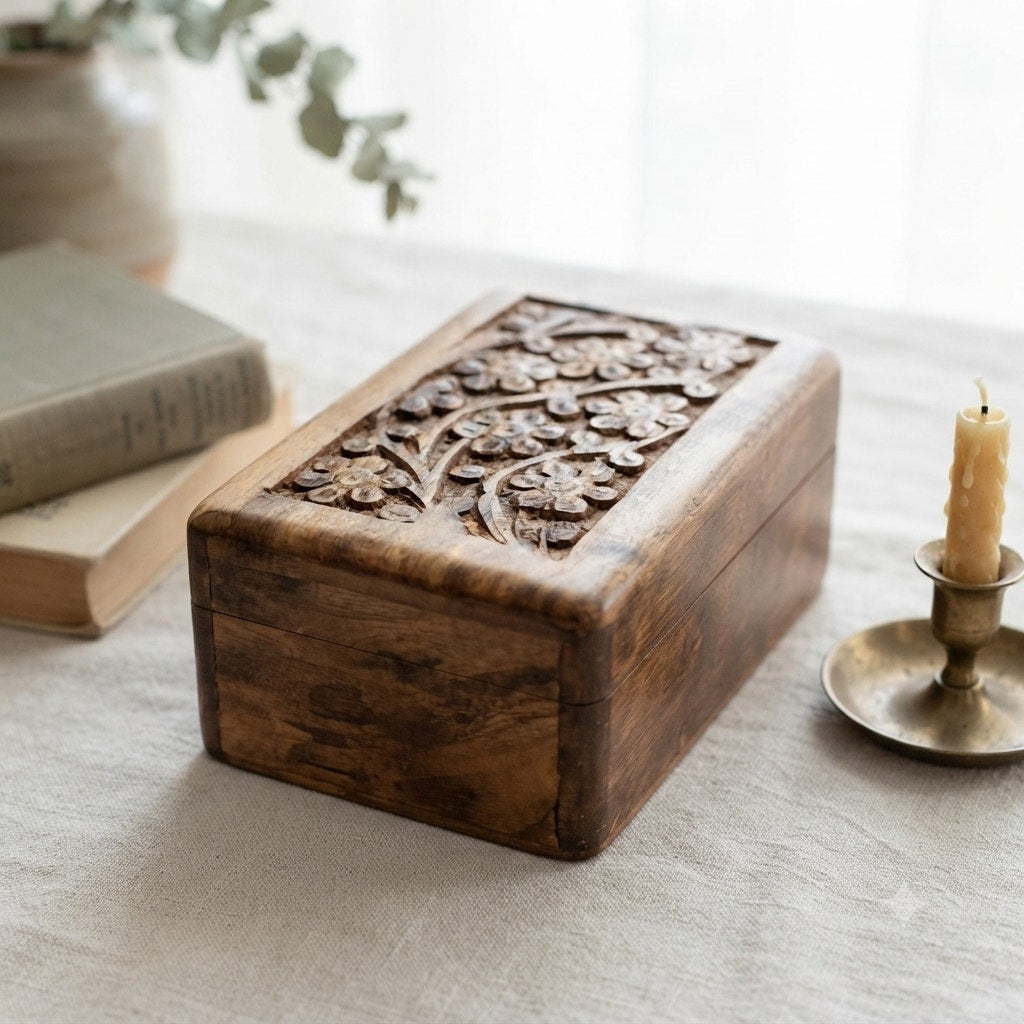 Vintage Hand Carved Wooden Keepsake Box Hidden Slide Opening