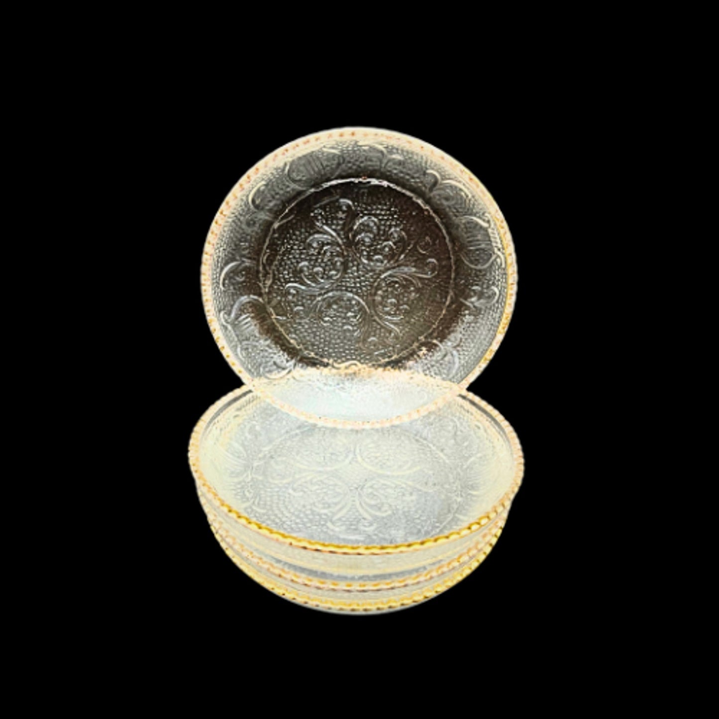 Vintage MCM Jeannette Glass Harp Ashtrays Coasters Gold Tone Beaded 1950s