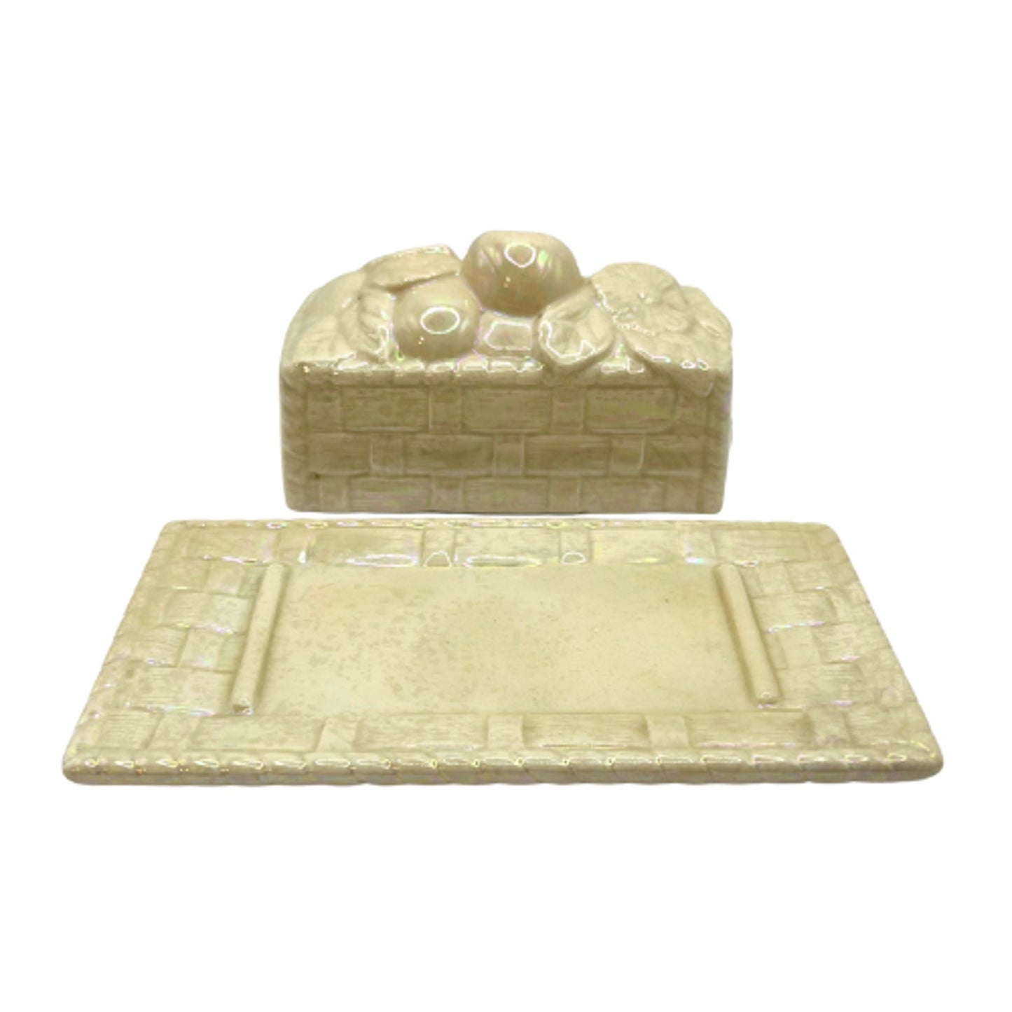 Vintage Ceramic Butter Dish Basket Weave Fruit and Floral Iridescent