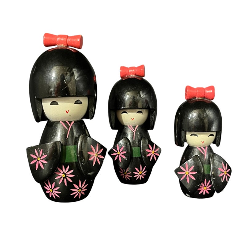 Vintage Japanese Kokeshi Dolls Set Hand Painted Black Kimonos Pink Floral
