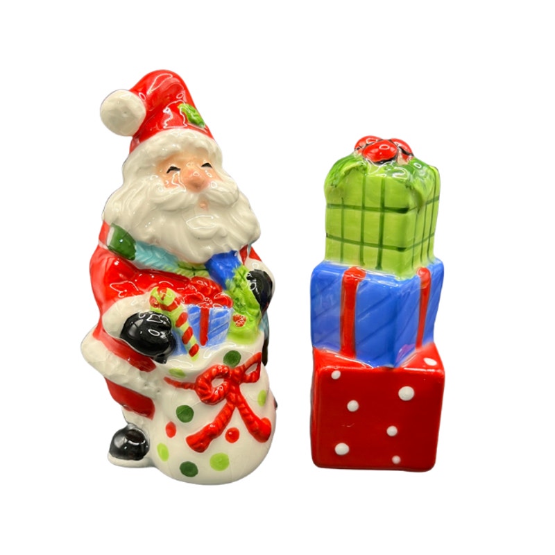 Vintage Fitz and Floyd Be Merry Santa Claus Stack of Gifts Salt & Pepper Shakers