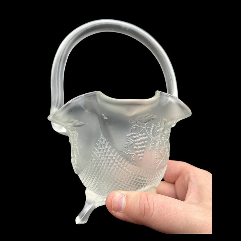 Vintage Fenton Frosted Satin Glass Grape Vine Footed Basket Handle