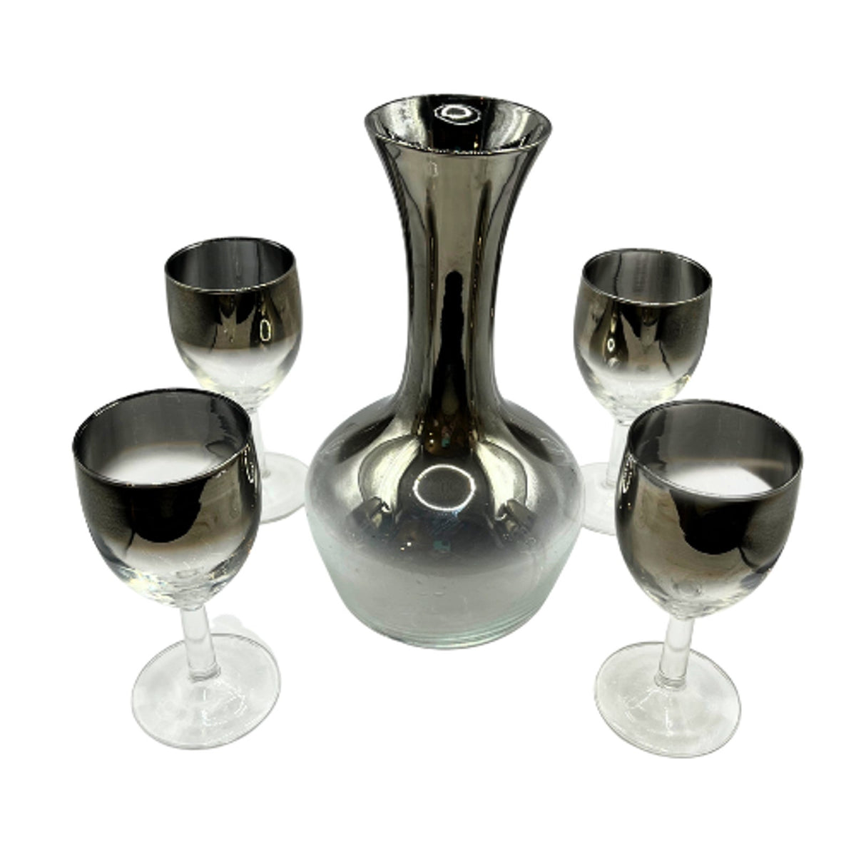 Vintage 1960s Silver Fade Decanter Stemware Set Mercury Ombre Barware
