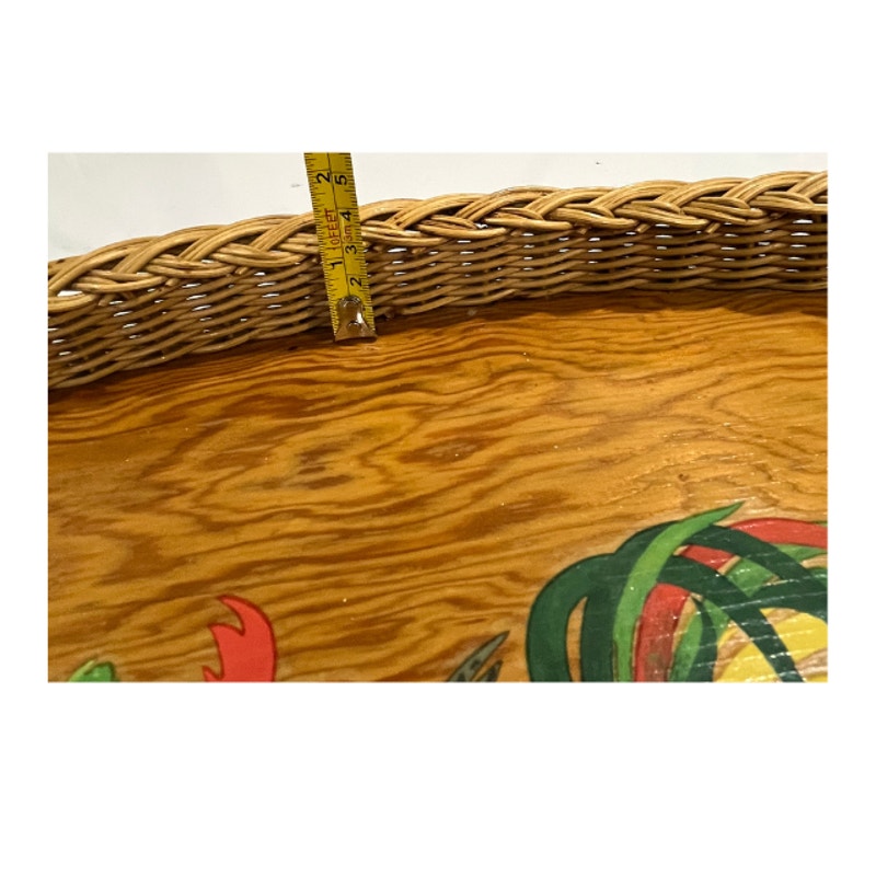 Vintage Oval Wooden Serving Tray Wicker Border Folk Art Rooster Farmhouse