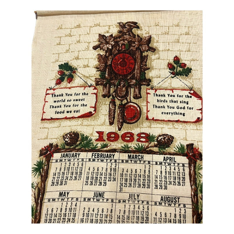 Vintage 1968 Stevens Linen Calendar Tea Towel Cuckoo Clock
