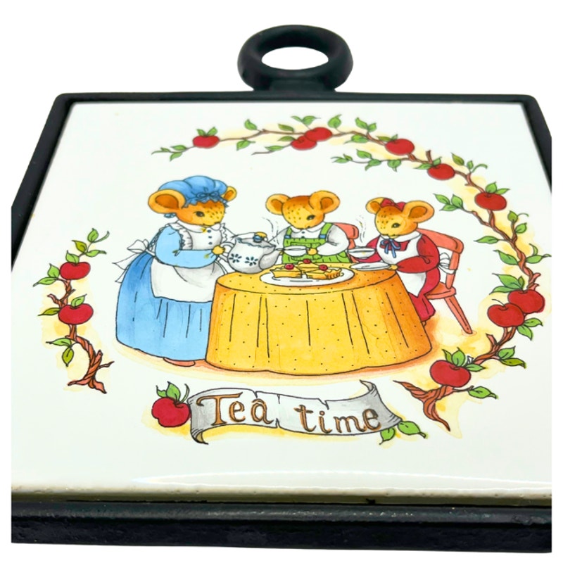 Vintage Tea Time Ceramic Tile Cast Iron Trivet by Studio Nova