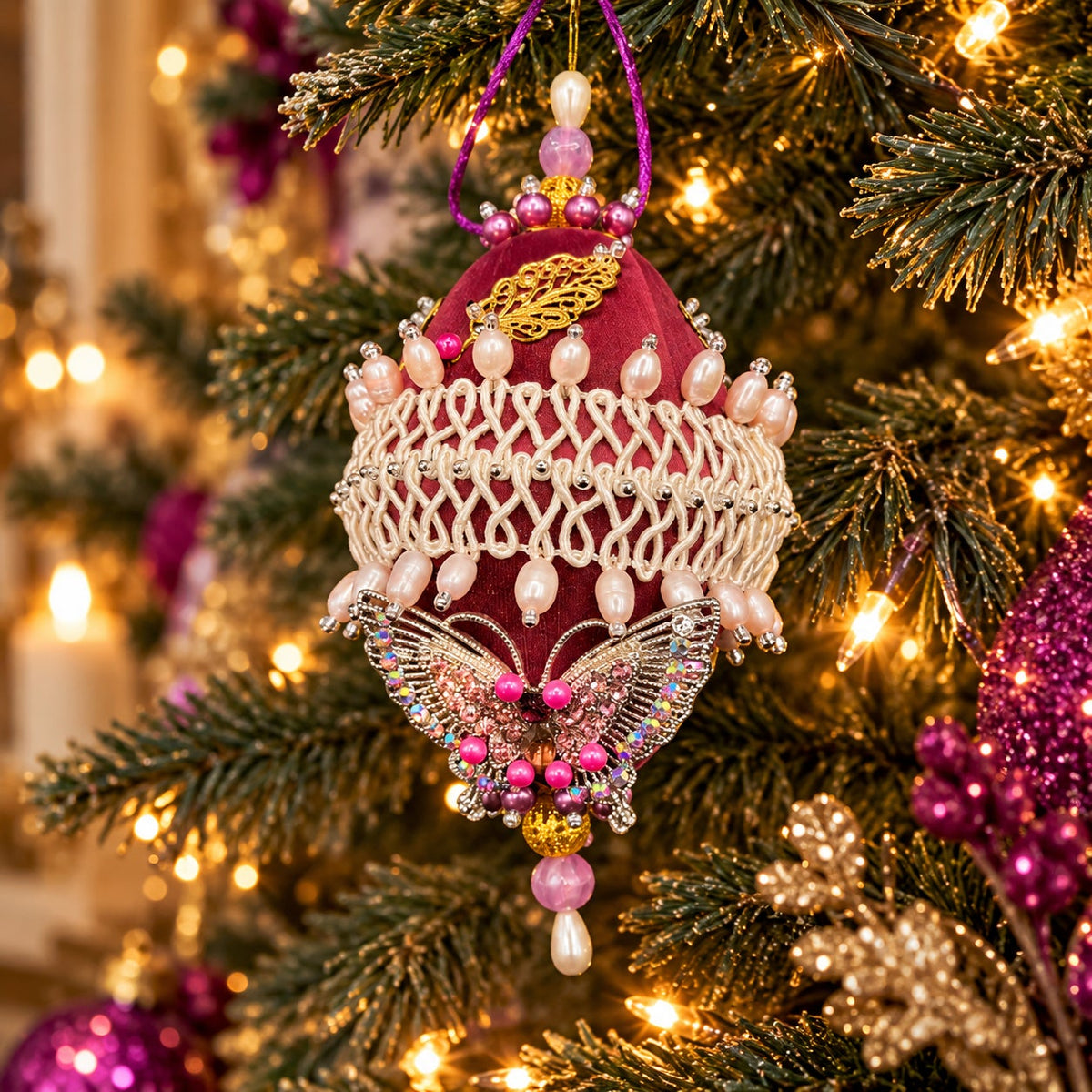 Vintage 1990s Handmade Jeweled Christmas Ornaments Set of 4 Satin Rhinestone