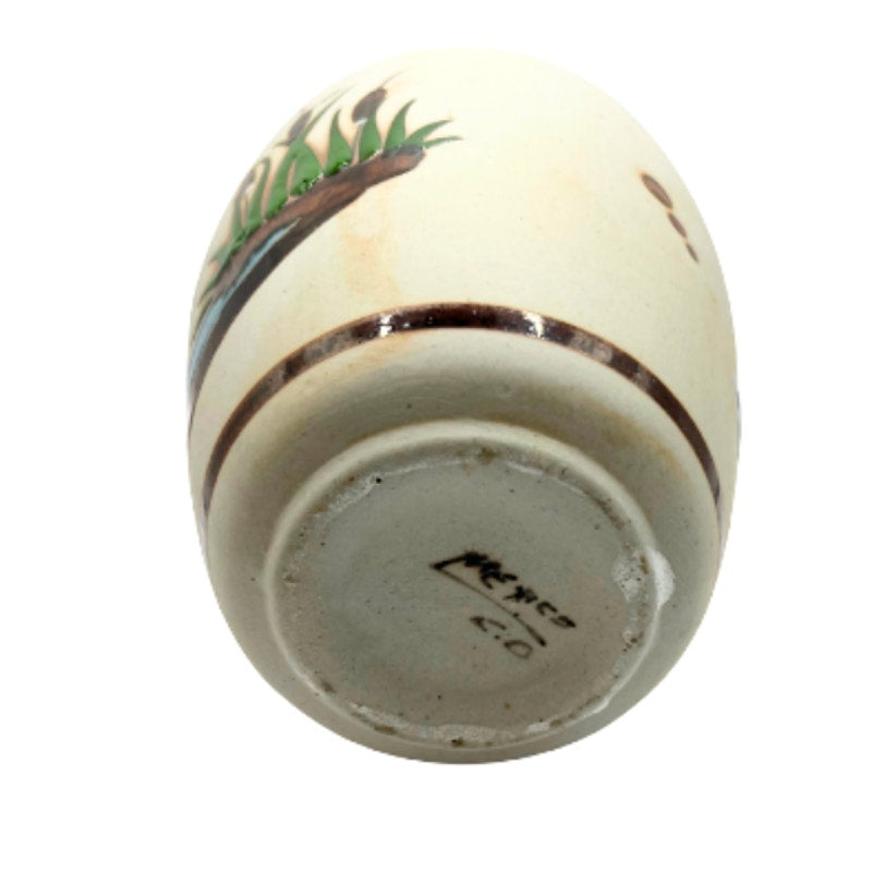 Vintage Mexican Tonala Folk Art Pottery Vase Heron & Cattail Handpainted 6.5in34.