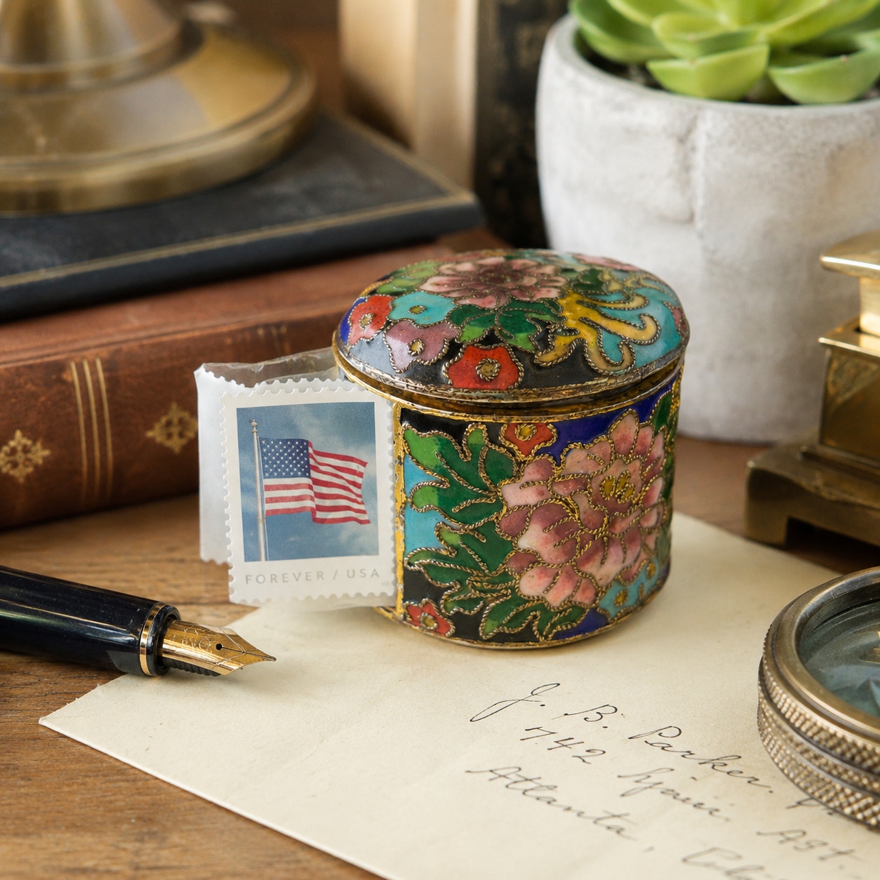 Vintage Chinese Cloisonne Postage Stamp Dispenser Roll Holder