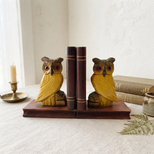 Vintage Wooden Owl Bookends Hand Carved Book Ends Rustic Library Wizardcore