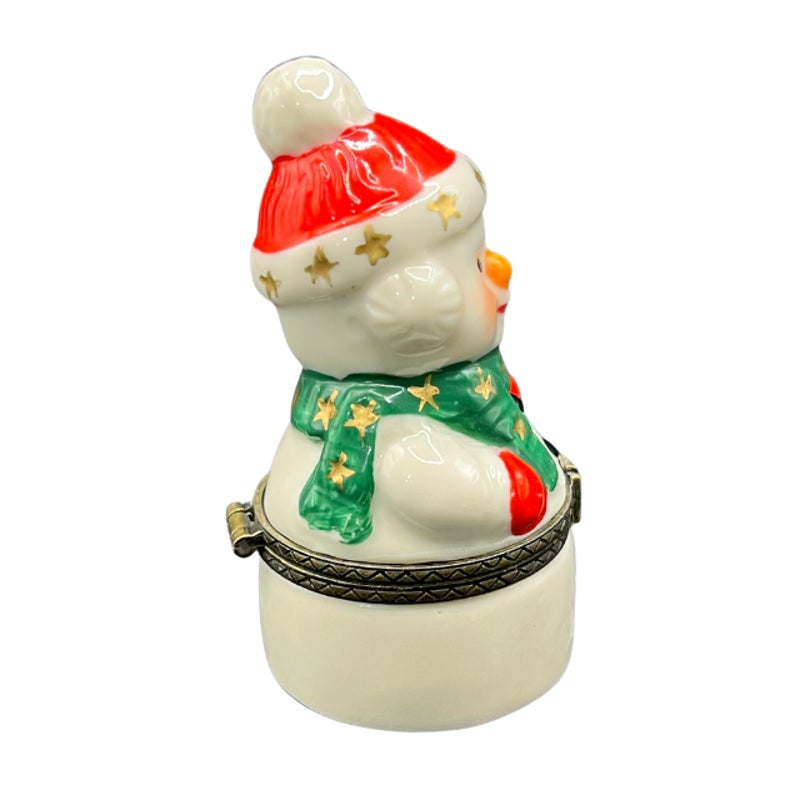 Vintage Ceramic Snowman Hinged Trinket Box Holiday Figurine Keepsake 3 In