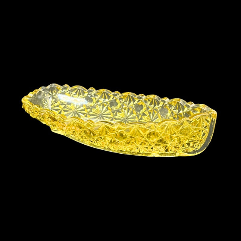 Vintage Amber Yellow Pressed Glass Canoe Dish Daisy & Button Pattern