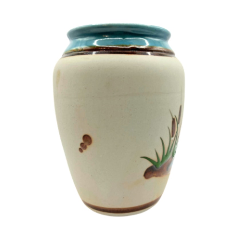 Vintage Mexican Tonala Folk Art Pottery Vase Heron & Cattail Handpainted 6.5in34.