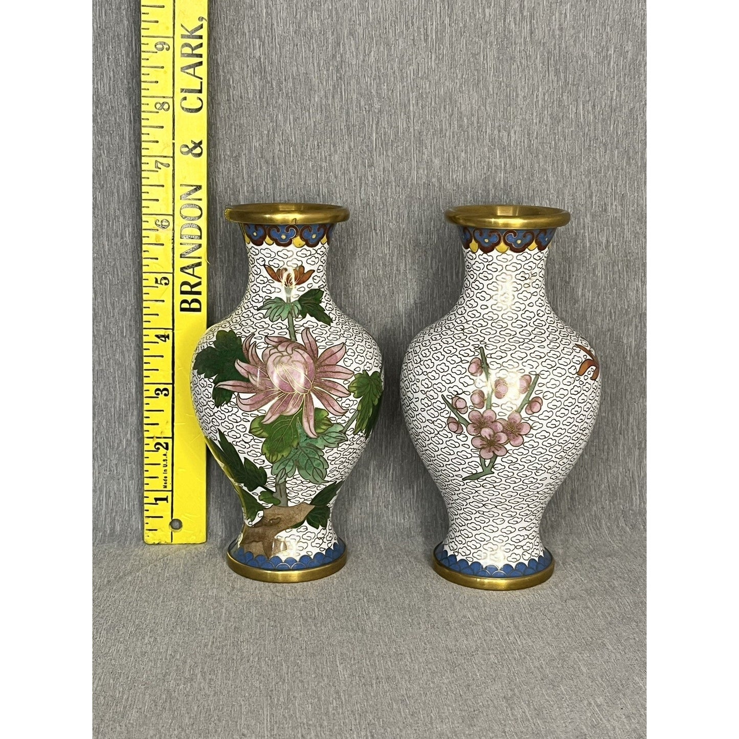 Pair Vintage White Cloisonne Vases Blue Pink Floral 6.5" Tall