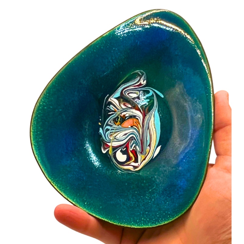 Vintage Enameled Copper Dish Turquoise Blue Abstract Marbled Trinket Bowl