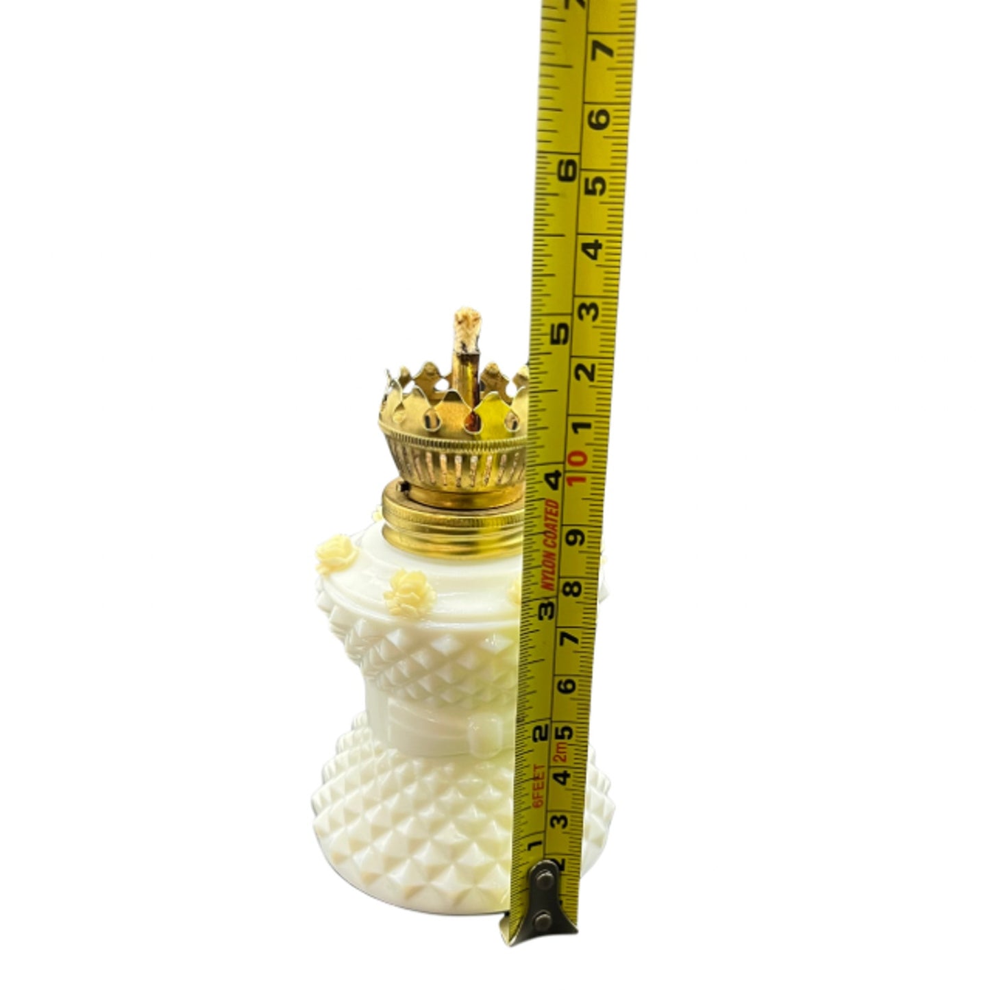 MCM Vintage Milk Glass Miniature Oil Lamp Diamond Point Rose Accent