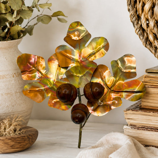 Vintage Mid Century Fall Harvest Copper Oak Leaves Wood Acorns Wall Decor