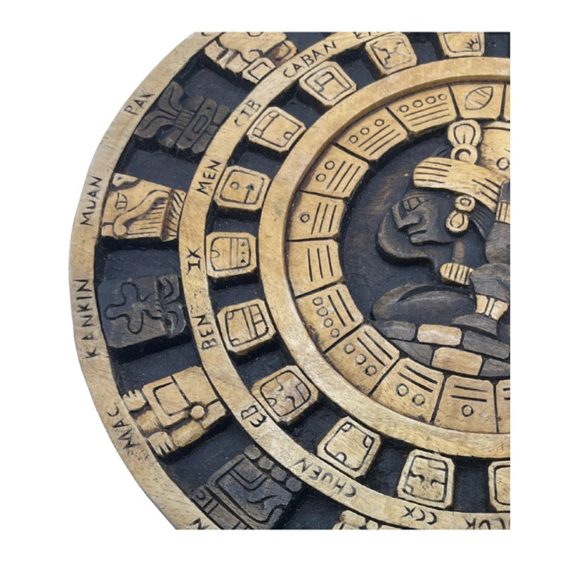 Vintage Hand Carved Wood Mayan Calendar Aztec Art Plaque
