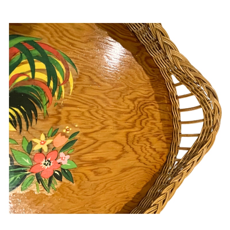 Vintage Oval Wooden Serving Tray Wicker Border Folk Art Rooster Farmhouse