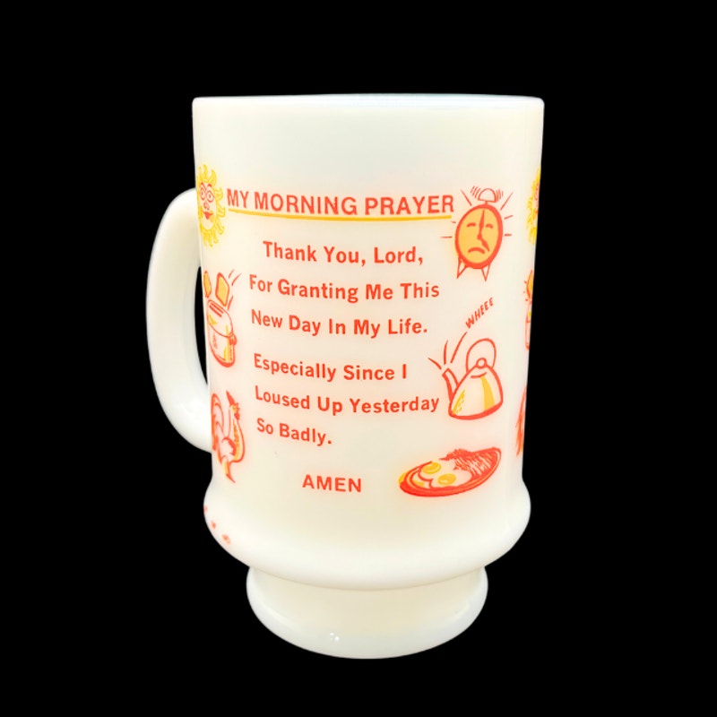 Vintage 1960s My Morning Prayer Milk Glass Pedestal Breakfast Mug