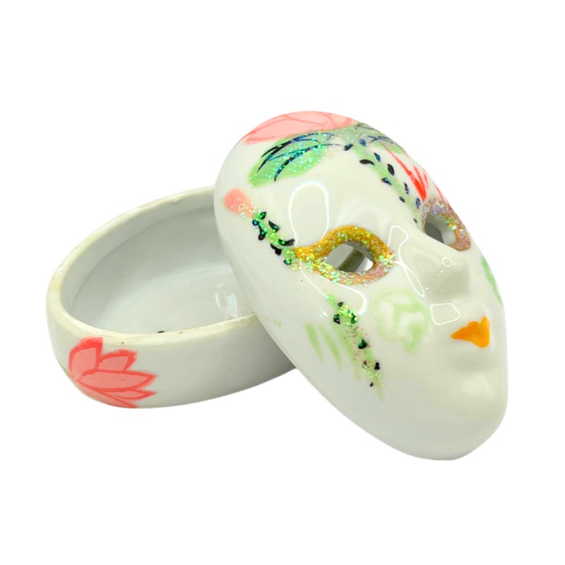Vintage Ceramic Trinket Box Hand-Painted Mardi Gras Mask Glitter
