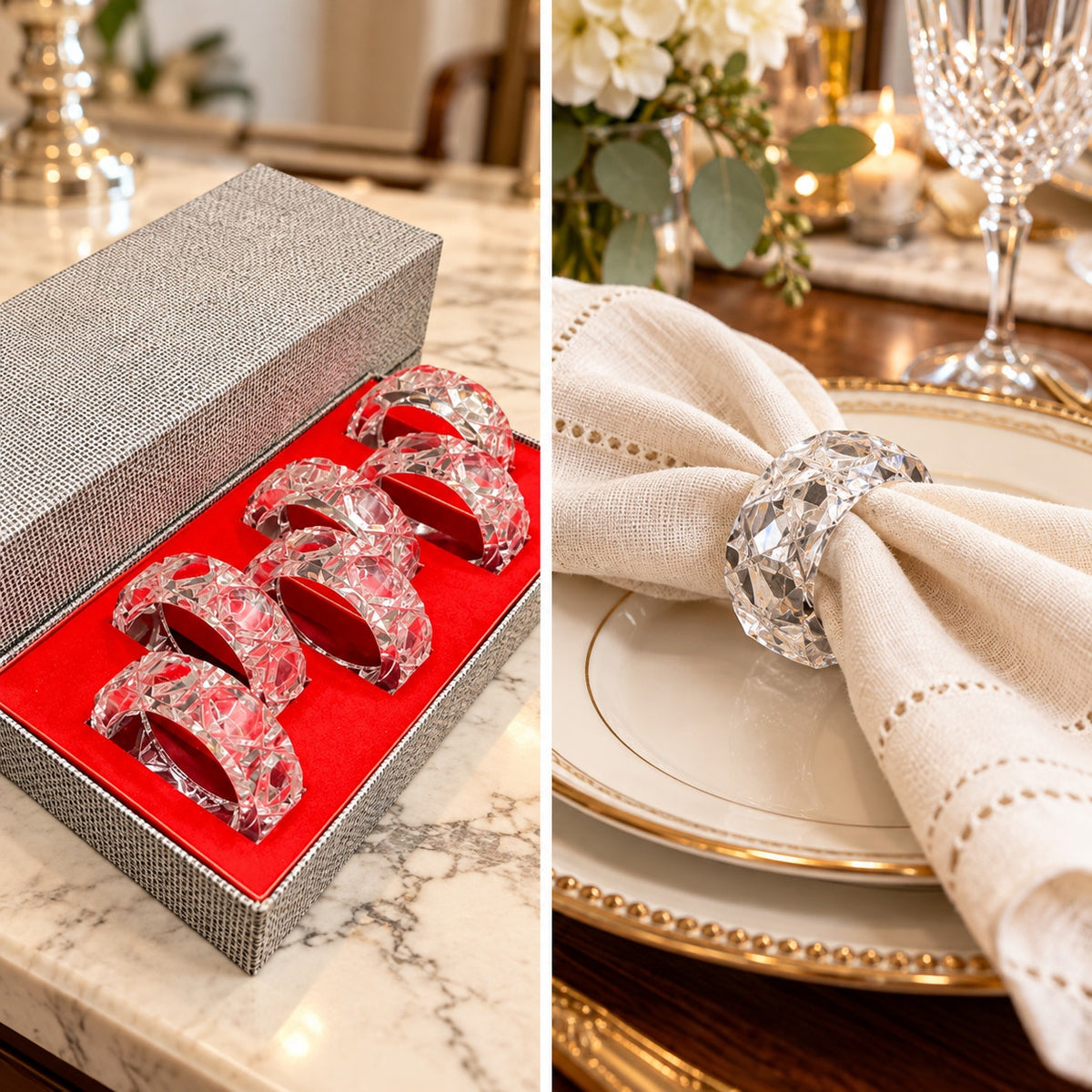 Vintage West Germany Lead Crystal Napkin Rings Set of 6 Octagonal with Box