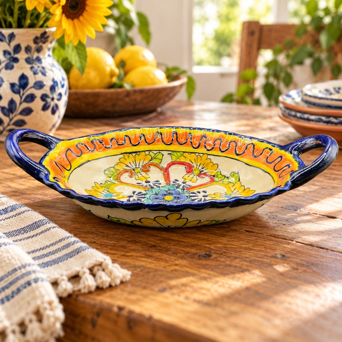 Vintage Mexican Pottery Oval Serving Dish Double Handle Hand Painted Floral