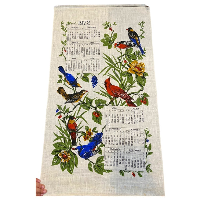 Vintage 1972 Songbirds Calendar Tea Towel Floral Bird Kitchen Wall Hanging Linen