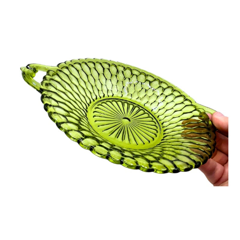 Vintage Indiana Glass Avocado Green Honeycomb Round Relish Dish Mid Century