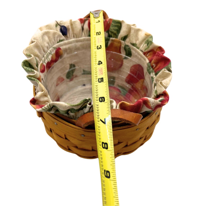 Vintage Longaberger Round Handwoven Wood Basket Leather Handles Fruit Liner
