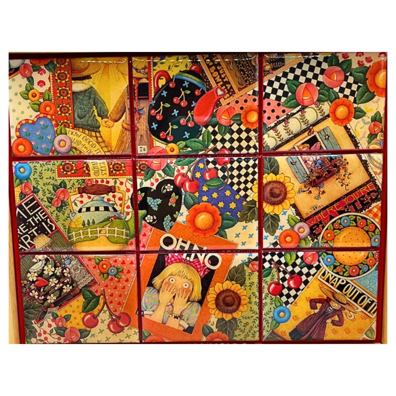 Vintage Mary Engelbreit Framed Lacquered Tile Plaque Wall Art Patchwork 12x10