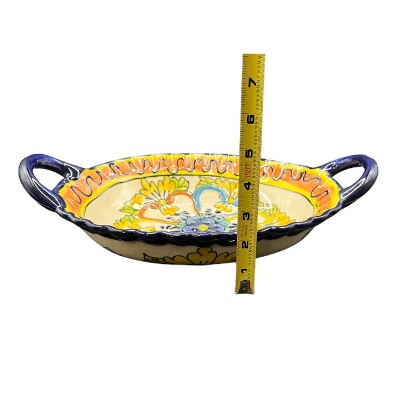 Vintage Mexican Pottery Oval Serving Dish Double Handle Hand Painted Floral